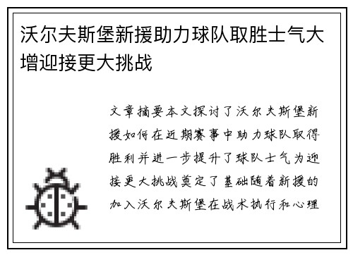 沃尔夫斯堡新援助力球队取胜士气大增迎接更大挑战