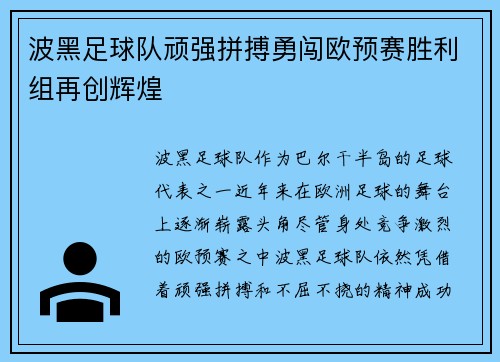 波黑足球队顽强拼搏勇闯欧预赛胜利组再创辉煌